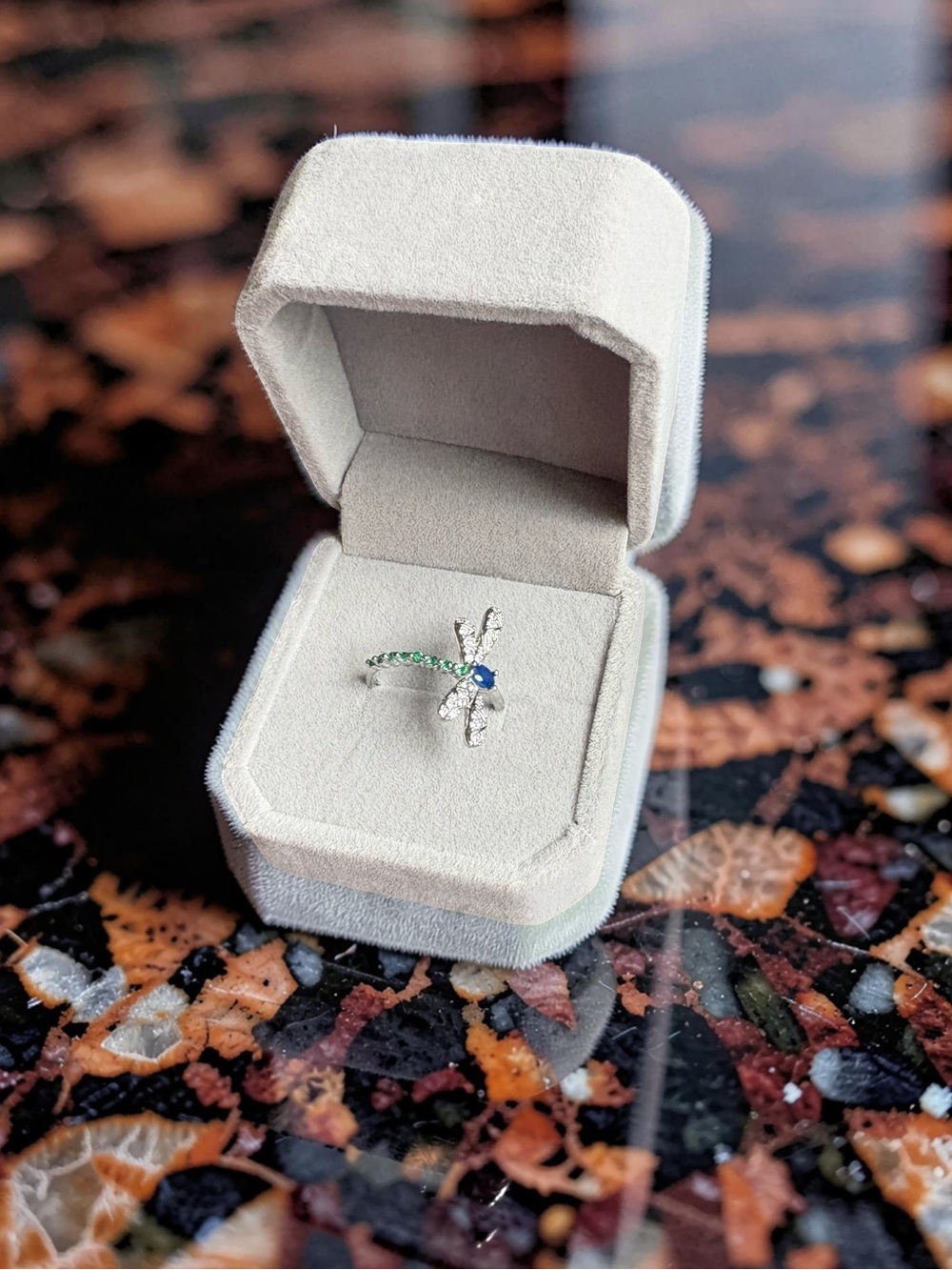 Silver Dragonfly Ring with Blue and Green Stones Crystal Accents